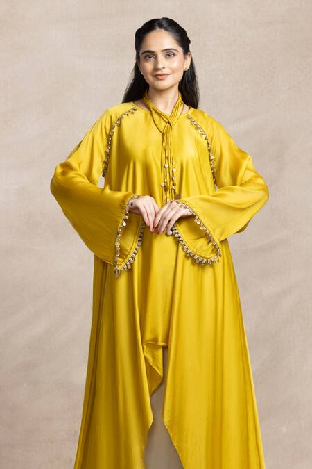 Buy Kelaayah Yellow Organza, Satin Tassels, Sequins Round Asymmetric Kaftan And Palazzo Set Online at Aza Fashions Buy_Kelaayah_Yellow Organza, Satin Tassels, Sequins Round Asymmetric Kaftan And Palazzo Set_Online_at_Aza_Fashions
