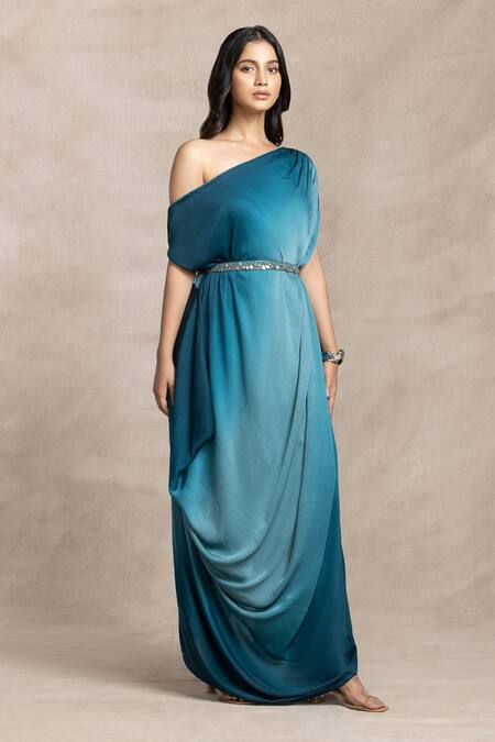 Kelaayah_Silver Satin, Chiffon Embroidery Ocean Blue Ombre Maxi Dress With Belt_Online_at_Aza_Fashions