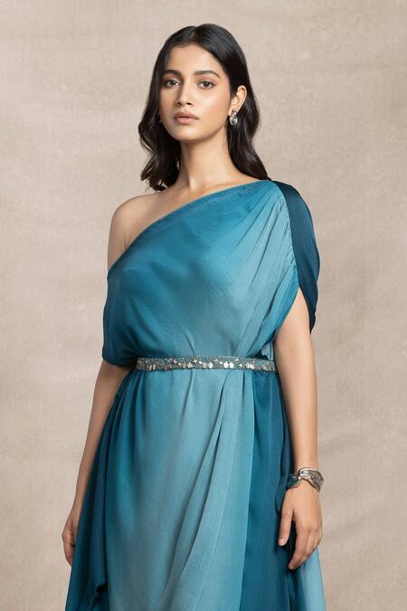 Buy_Kelaayah_Silver Satin, Chiffon Embroidery Ocean Blue Ombre Maxi Dress With Belt_Online_at_Aza_Fashions