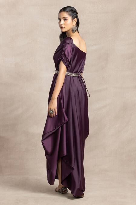 Shop Kelaayah Purple Satin Sequins, Beads Asymmetric Draped Maxi Dress With Belt at Aza Fashions Shop_Kelaayah_Purple Satin Sequins, Beads Asymmetric Draped Maxi Dress With Belt_at_Aza_Fashions