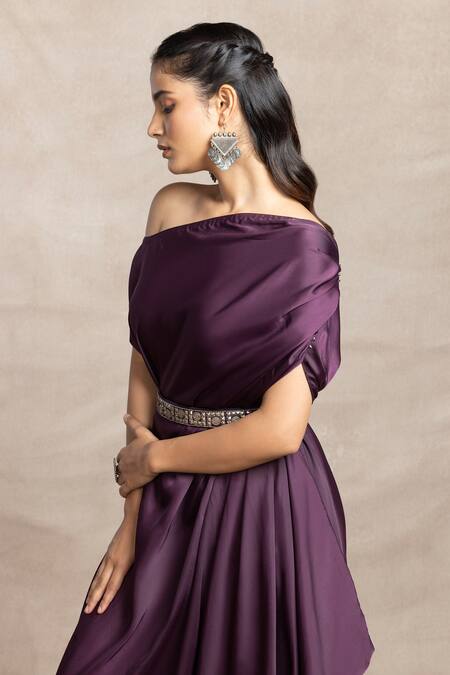 Kelaayah Purple Satin Sequins, Beads Asymmetric Draped Maxi Dress With Belt Online at Aza Fashions Kelaayah_Purple Satin Sequins, Beads Asymmetric Draped Maxi Dress With Belt_Online_at_Aza_Fashions