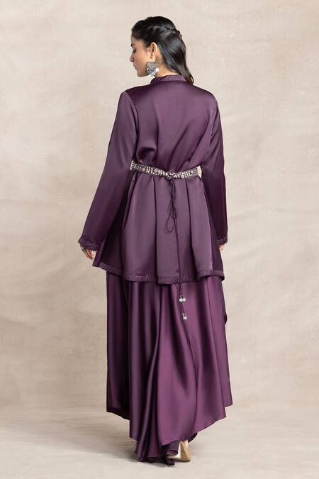 Shop Kelaayah Purple Satin Beads V-neck Plum Asymmetric Tunic And Palazzo Set at Aza Fashions Shop_Kelaayah_Purple Satin Beads V-neck Plum Asymmetric Tunic And Palazzo Set_at_Aza_Fashions
