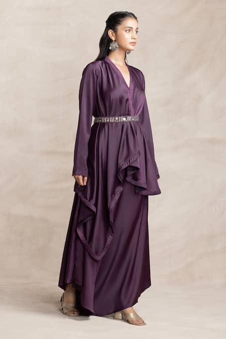 Kelaayah Purple Satin Beads V-neck Plum Asymmetric Tunic And Palazzo Set Online at Aza Fashions Kelaayah_Purple Satin Beads V-neck Plum Asymmetric Tunic And Palazzo Set_Online_at_Aza_Fashions