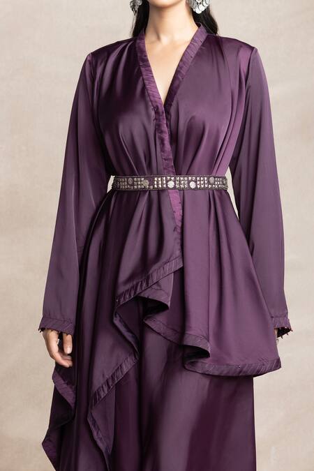 Buy Kelaayah Purple Satin Beads V-neck Plum Asymmetric Tunic And Palazzo Set Online at Aza Fashions Buy_Kelaayah_Purple Satin Beads V-neck Plum Asymmetric Tunic And Palazzo Set_Online_at_Aza_Fashions