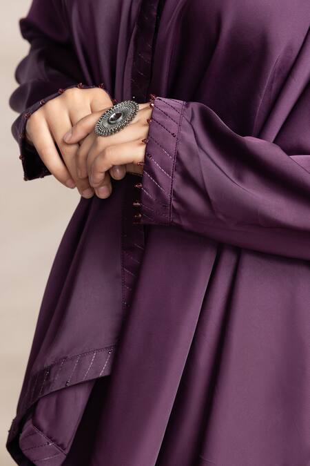 Shop Kelaayah Purple Satin Beads V-neck Plum Asymmetric Tunic And Palazzo Set Online at Aza Fashions Shop_Kelaayah_Purple Satin Beads V-neck Plum Asymmetric Tunic And Palazzo Set_Online_at_Aza_Fashions