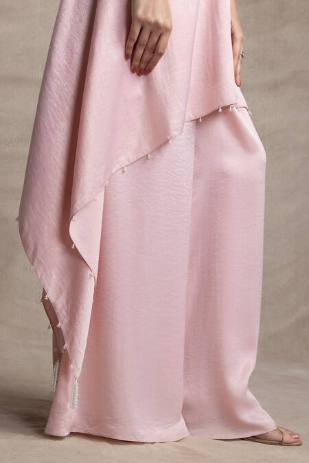 Buy Kelaayah Pink Microfiber, Satin Beads, Pearls, Crystals Asymmetric Kaftan With Palazzo Online at Aza Fashions Buy_Kelaayah_Pink Microfiber, Satin Beads, Pearls, Crystals Asymmetric Kaftan With Palazzo_Online_at_Aza_Fashions