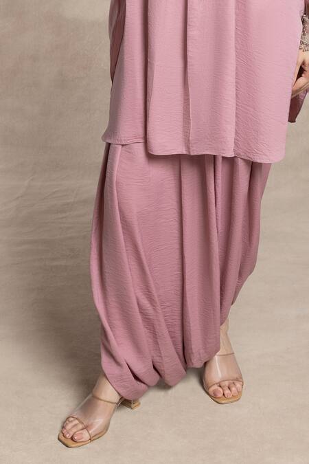 Buy Kelaayah Pink Satin, Silk Beads Collared Frosty Asymmetric Shirt And Harem Pant Online at Aza Fashions Buy_Kelaayah_Pink Satin, Silk Beads Collared Frosty Asymmetric Shirt And Harem Pant_Online_at_Aza_Fashions