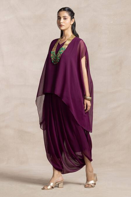 Kelaayah Purple Chiffon Sequins V-neck Crinkled Kaftan And Harem Pant Online at Aza Fashions Kelaayah_Purple Chiffon Sequins V-neck Crinkled Kaftan And Harem Pant_Online_at_Aza_Fashions