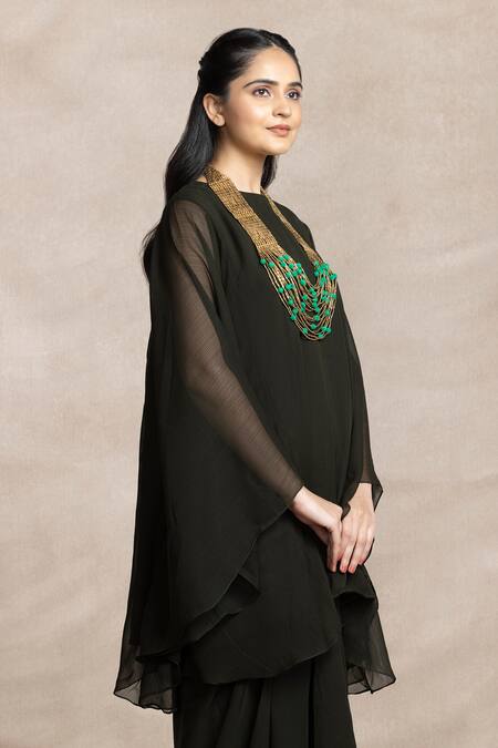 Kelaayah Black Chiffon High Neck Asymmetric Kaftan And Dhoti Pant Set Online at Aza Fashions Kelaayah_Black Chiffon High Neck Asymmetric Kaftan And Dhoti Pant Set_Online_at_Aza_Fashions