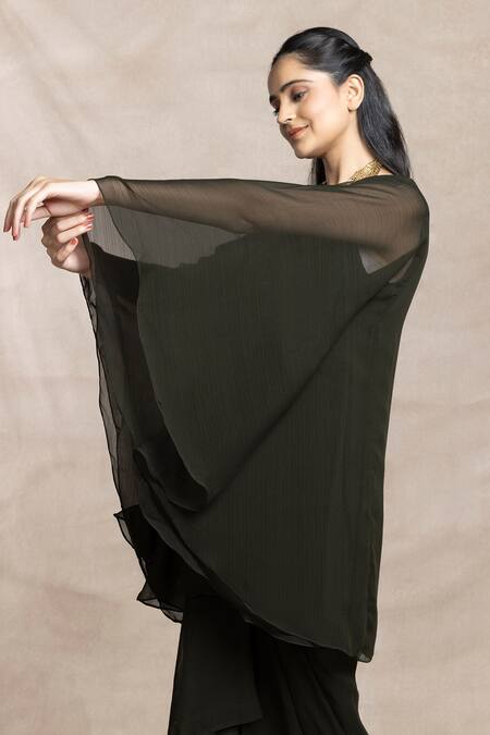 Shop Kelaayah Black Chiffon High Neck Asymmetric Kaftan And Dhoti Pant Set Online at Aza Fashions Shop_Kelaayah_Black Chiffon High Neck Asymmetric Kaftan And Dhoti Pant Set_Online_at_Aza_Fashions