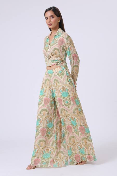 Kelaayah_Multi Color Chiffon Embroidery Shawl Floral Paisley Print Crop Shirt And Pant Set_Online_at_Aza_Fashions