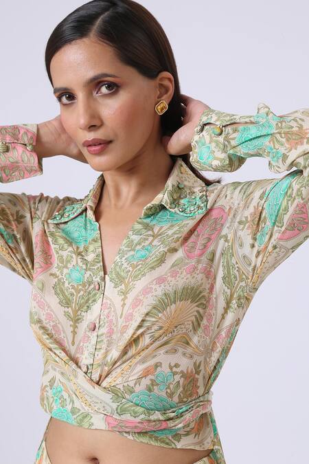 Buy_Kelaayah_Multi Color Chiffon Embroidery Shawl Floral Paisley Print Crop Shirt And Pant Set_Online_at_Aza_Fashions