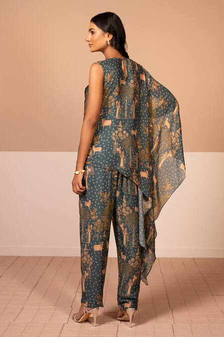 Shop Kelaayah Green Chiffon Sequins Round Neck Scenic Print Asymmetric Top And Pant Set at Aza Fashions Shop_Kelaayah_Green Chiffon Sequins Round Neck Scenic Print Asymmetric Top And Pant Set_at_Aza_Fashions