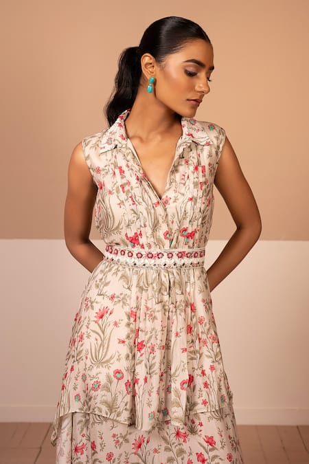 Shop Kelaayah Multi Color Chiffon Cut Work Shawl Neck Floral Print Asymmetric Layered Dress at Aza Fashions Shop_Kelaayah_Multi Color Chiffon Cut Work Shawl Neck Floral Print Asymmetric Layered Dress_at_Aza_Fashions