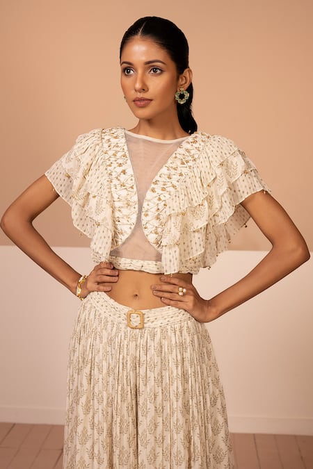 Kelaayah_Beige Georgette Beads, Fabric Flowers Round Ruffled Crop Top And Printed Skirt Set_Online_at_Aza_Fashions