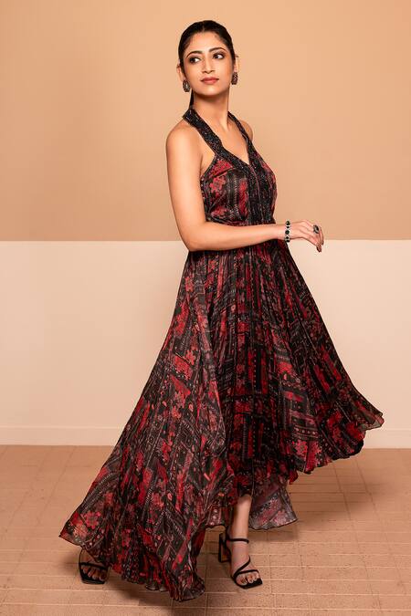 Shop Kelaayah Multi Color Chiffon Cut Work, Sequins Halter Neck Abstract Print High-low Gown at Aza Fashions Shop_Kelaayah_Multi Color Chiffon Cut Work, Sequins Halter Neck Abstract Print High-low Gown_at_Aza_Fashions