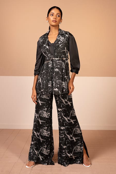 Kelaayah Tory Marble Print Layered Jacket Pant Set 