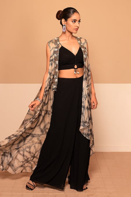 Shop Kelaayah Beige Georgette, Crepe Beads, Sequins Sweetheart Abstract Print Cape Culotte Set at Aza Fashions Shop_Kelaayah_Beige Georgette, Crepe Beads, Sequins Sweetheart Abstract Print Cape Culotte Set_at_Aza_Fashions