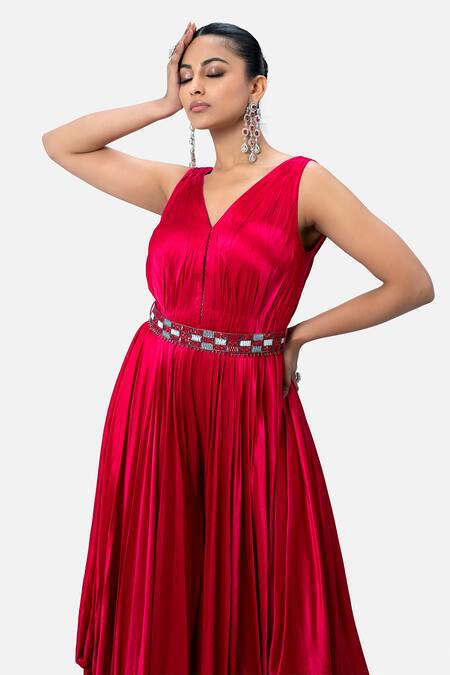 Kelaayah_Pink Satin, Chiffon Cut Work, Sequins V-neck Ruby Embellished Gown With Belt_Online_at_Aza_Fashions
