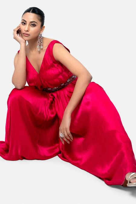 Buy_Kelaayah_Pink Satin, Chiffon Cut Work, Sequins V-neck Ruby Embellished Gown With Belt_Online_at_Aza_Fashions