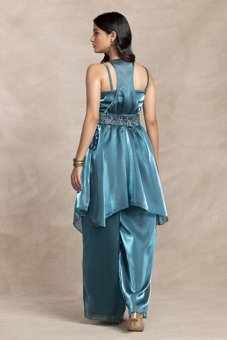 Shop Kelaayah Blue Organza, Tissue Cut Work, Sequins, Embroidery, Aqua Cape Palazzo Set at Aza Fashions Shop_Kelaayah_Blue Organza, Tissue Cut Work, Sequins, Embroidery, Aqua Cape Palazzo Set_at_Aza_Fashions