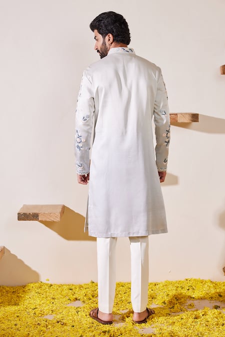 Shop Shreyansh Designs Gray Silk Embroidery Grey Ombre Thread Kurta Set at Aza Fashions Shop_Shreyansh Designs_Gray Silk Embroidery Grey Ombre Thread Kurta Set _at_Aza_Fashions