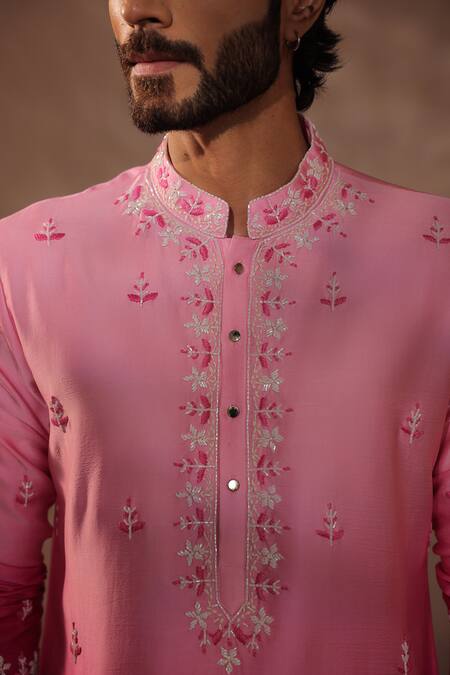 Buy_Shreyansh Designs_Fuchsia Silk Embroidery Pink Kurta Set _Online_at_Aza_Fashions
