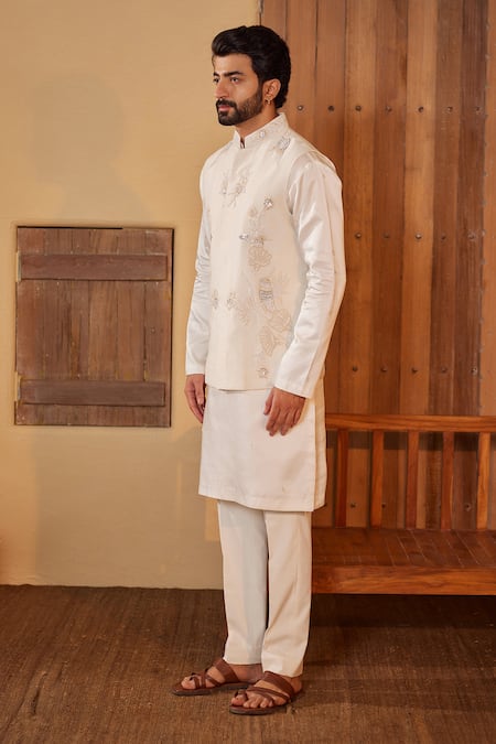 Buy_Shreyansh Designs_White Dupion Silk Embroidery Glass Bead Bird Bundi And Kurta Set _Online_at_Aza_Fashions