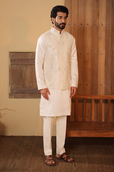 Shop_Shreyansh Designs_White Dupion Silk Embroidery Glass Bead Bird Bundi And Kurta Set _Online_at_Aza_Fashions