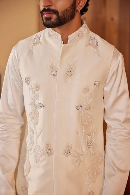 Shreyansh Designs_White Dupion Silk Embroidery Glass Bead Bird Bundi And Kurta Set _at_Aza_Fashions
