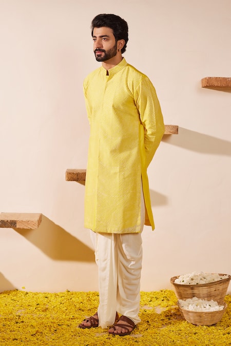 Shreyansh Designs Yellow Chanderi Silk, Cotton Embroidery Lime Stripe Kurta Set Online at Aza Fashions Shreyansh Designs_Yellow Chanderi Silk, Cotton Embroidery Lime Stripe Kurta Set _Online_at_Aza_Fashions
