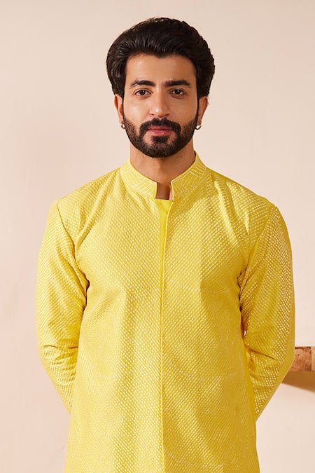 Buy Shreyansh Designs Yellow Chanderi Silk, Cotton Embroidery Lime Stripe Kurta Set Online at Aza Fashions Buy_Shreyansh Designs_Yellow Chanderi Silk, Cotton Embroidery Lime Stripe Kurta Set _Online_at_Aza_Fashions