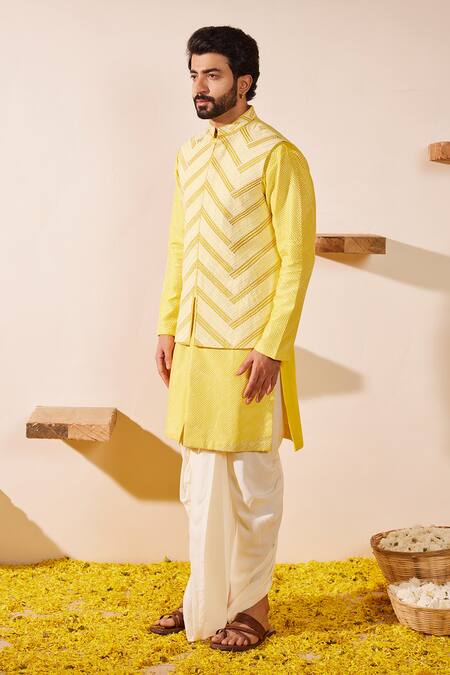 Buy Shreyansh Designs Yellow Dupion Silk Embroidery Thread Lime Chevron Bundi Set Online at Aza Fashions Buy_Shreyansh Designs_Yellow Dupion Silk Embroidery Thread Lime Chevron Bundi Set _Online_at_Aza_Fashions