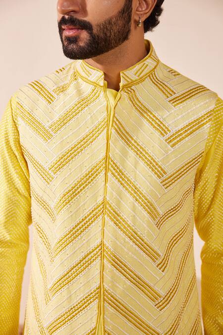 Shop Shreyansh Designs Yellow Dupion Silk Embroidery Thread Lime Chevron Bundi Set Online at Aza Fashions Shop_Shreyansh Designs_Yellow Dupion Silk Embroidery Thread Lime Chevron Bundi Set _Online_at_Aza_Fashions