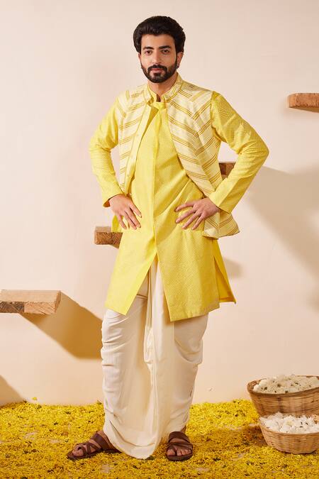 Buy Shreyansh Designs Yellow Dupion Silk Embroidery Thread Lime Chevron Bundi Set Buy_Shreyansh Designs_Yellow Dupion Silk Embroidery Thread Lime Chevron Bundi Set