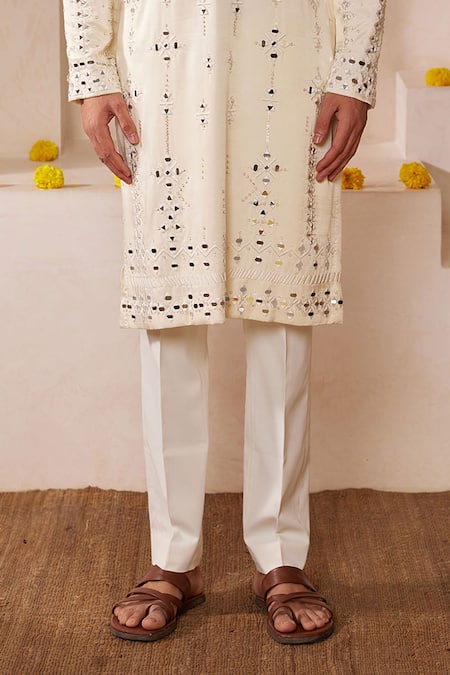 Shreyansh Designs_White Silk Cut Work Geometric Cutdana Embroidered Kurta Set _Online_at_Aza_Fashions