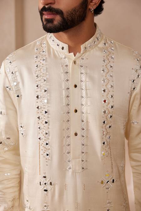 Shop_Shreyansh Designs_White Silk Cut Work Geometric Cutdana Embroidered Kurta Set _Online_at_Aza_Fashions
