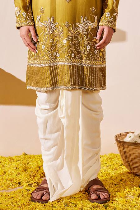 Buy_Shreyansh Designs_Green Silk, Cotton Embroidery Ombre Kurta Set _Online_at_Aza_Fashions