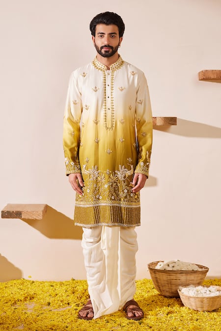 Shop_Shreyansh Designs_Green Silk, Cotton Embroidery Ombre Kurta Set _Online_at_Aza_Fashions