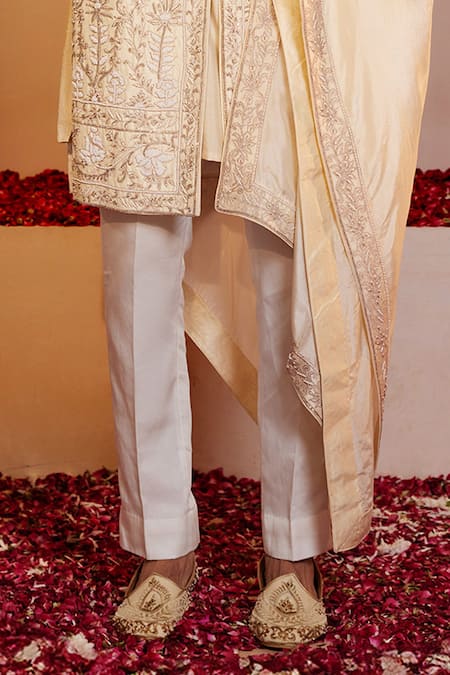 Shreyansh Designs_Ivory Silk Pearls, Beads, Embroidery Floral Sherwani Set _Online_at_Aza_Fashions