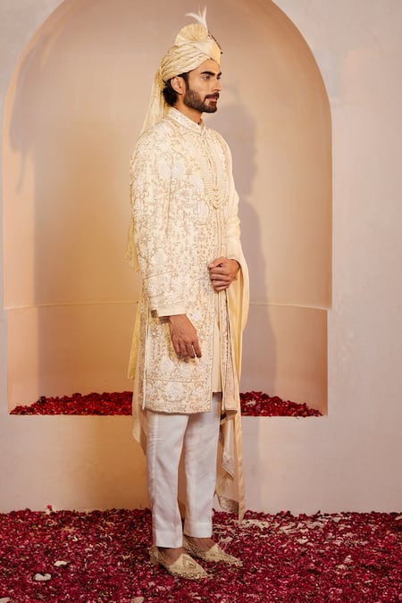 Buy_Shreyansh Designs_Ivory Silk Pearls, Beads, Embroidery Floral Sherwani Set _Online_at_Aza_Fashions