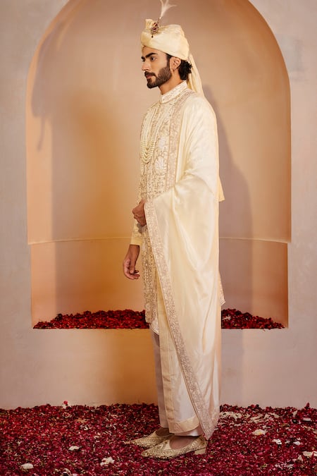 Shop_Shreyansh Designs_Ivory Silk Pearls, Beads, Embroidery Floral Sherwani Set _Online_at_Aza_Fashions