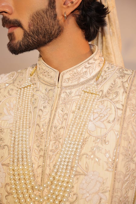Shreyansh Designs_Ivory Silk Pearls, Beads, Embroidery Floral Sherwani Set _at_Aza_Fashions