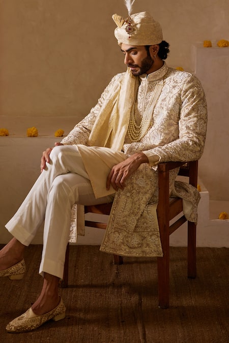 Buy_Shreyansh Designs_Ivory Silk Pearls, Beads, Embroidery Floral Sherwani Set 