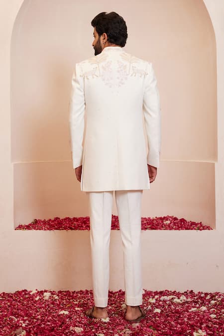 Shreyansh Designs Ivory Animal Embroidered Bandhgala Set 