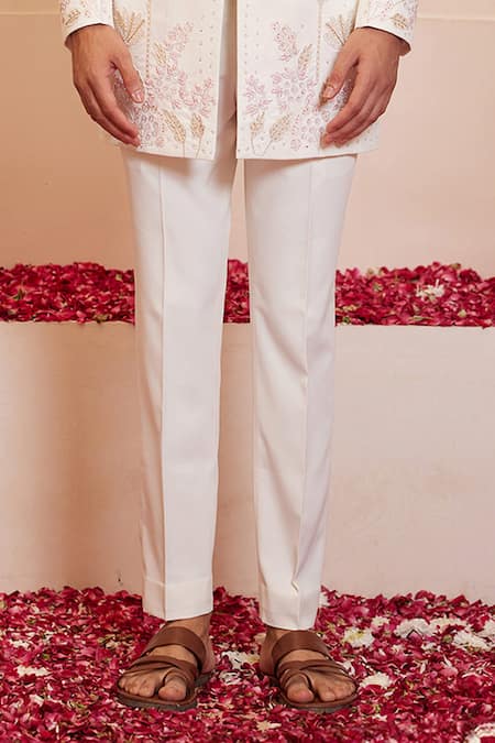 Shreyansh Designs_Ivory Polyester, Cotton Cut Work, Embroidery Animal Bandhgala Set _Online_at_Aza_Fashions