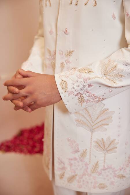 Buy_Shreyansh Designs_Ivory Polyester, Cotton Cut Work, Embroidery Animal Bandhgala Set _Online_at_Aza_Fashions