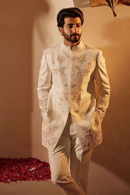 Shop_Shreyansh Designs_Ivory Polyester, Cotton Cut Work, Embroidery Animal Bandhgala Set _Online_at_Aza_Fashions