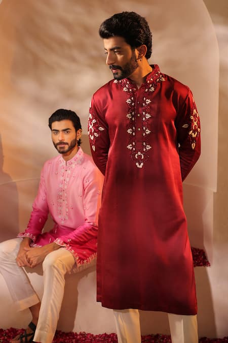 Shreyansh Designs_Maroon Silk Cut Work Cutdana Embroidered Kurta Set _Online_at_Aza_Fashions