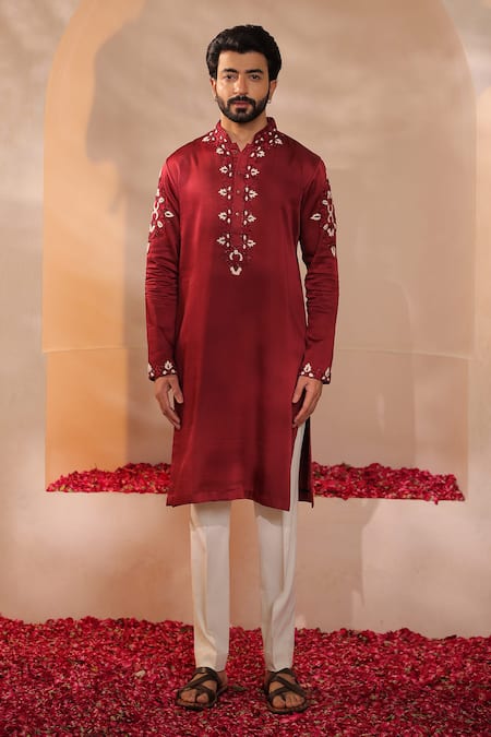 Shop_Shreyansh Designs_Maroon Silk Cut Work Cutdana Embroidered Kurta Set _Online_at_Aza_Fashions